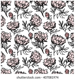 Hand drawn seamless pattern. Pink peonies pattern on black background.Seamless texture for print, home decor, textile, wrapping paper wallpaper invitation card background, spring summer fashion fabric