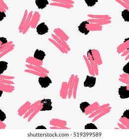 Hand drawn seamless pattern in pink and black on cream background.