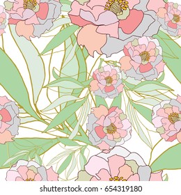 Hand drawn seamless pattern of pink roes and leaves on the transparent background