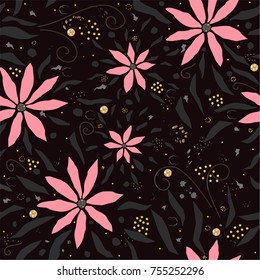 Hand Drawn Seamless Pattern with Pink Flowers. Great for wedding cards, postcards, t-shirts, bridal invitations,, dresses, posters, gift wrapping, wall art, wallpapers, etc.Vector Illustration.