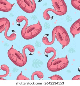 Hand drawn seamless pattern of pinky flamingo inflatable pool floats for kids to enjoy summertime, pool equipment for summer vibes