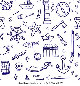Hand drawn seamless pattern of pirate and sea elements: ship, coins, bottle, anchor. Vector illustration for cartoon children design. Funny and comic style.