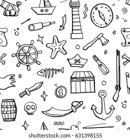 Hand drawn seamless pattern of pirate and sea elements: ship, coins, bottle, anchor. Vector illustration for cartoon children design. Funny and comic style.