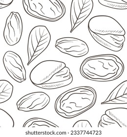 Hand drawn seamless pattern with pistachio. Vector background with nuts and leaves