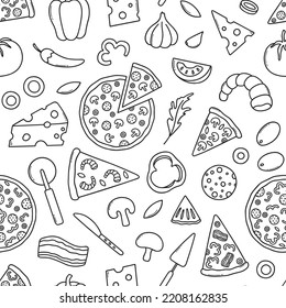 Patrón sin fisuras dibujado a mano del doodle de pizza. Diferentes porciones de pizza en forma de boceto. Ilustración del vector