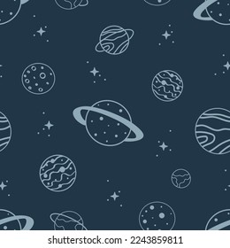 Hand drawn seamless pattern with Planets. Hand drawn space background. Vector illustration. Galaxy print for, wallpaper, wrapping, printing, fabric, nursery, textile and more