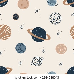 Hand drawn seamless pattern with Planets. Hand drawn space background. Vector illustration. Galaxy print for, wallpaper, wrapping, printing, fabric, nursery, textile and more