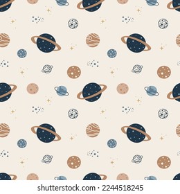 Hand drawn seamless pattern with Planets. Hand drawn space background. Vector illustration. Galaxy print for, wallpaper, wrapping, printing, fabric, nursery, textile and more