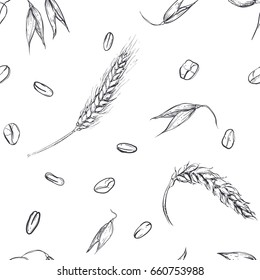 Hand drawn seamless pattern of plant oats, wheat grain. illustration on white background. sketch. vector eps 8