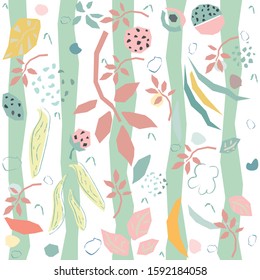 Hand Drawn Seamless Pattern with plants and berries. Artistic Creative Design. Great for backgrounds, backdrops, cars, postcards, invitations, headers, brochures, posters,wall art, flyer, etc.