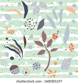 Hand Drawn Seamless Pattern with plants and berries. Artistic Creative Design. Great for backgrounds, backdrops, cars, postcards, invitations, headers, brochures, posters,wall art, flyer, etc.