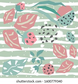 Hand Drawn Seamless Pattern with plants and berries. Artistic Creative Design. Great for backgrounds, backdrops, cars, postcards, invitations, headers, brochures, posters,wall art, flyer, etc.