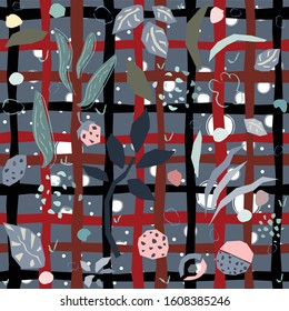 Hand Drawn Seamless Pattern with plants and berries. Artistic Creative Design. Great for backgrounds, backdrops, cars, postcards, invitations, headers, brochures, posters,wall art, flyer, etc.