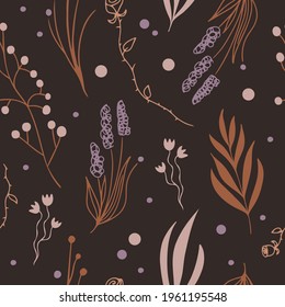 Hand drawn seamless pattern with plants and herbs on a dark brown background