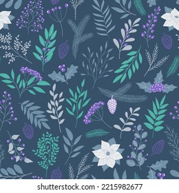 Hand drawn seamless pattern of poinsettia, leaves, branches, berries, holly. Winter floral cozy collection. Christmas decorative illustration for greeting card, wallpaper, wrapping paper, fabric
