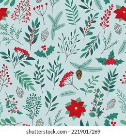 Hand drawn seamless pattern of poinsettia, leaves, branches, berries, holly. Winter floral cozy collection. Christmas decorative illustration for greeting card, wallpaper, wrapping paper, fabric