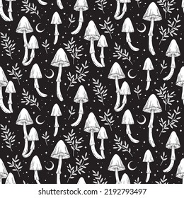 Hand drawn seamless pattern with poisonous mushrooms and branches in graphic style isolated vector illustration