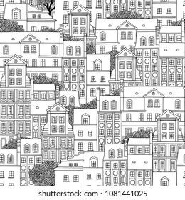 Hand drawn seamless pattern of Polish houses with trees