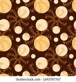 Hand drawn seamless pattern. Polka dot and mandala of flowers. Chocolate colors. Vector background for fabric and other surfaces