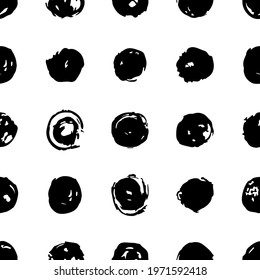 Hand drawn seamless pattern with polka dots in black and white. Trendy vector background with brush dots. Inky contemporary illustration for prints, fabric, wrapping paper