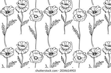 Hand drawn seamless pattern with poppies isolated on white background. Black and white floral ornament. Classic floral vector illustration.