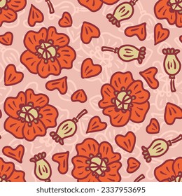 Patrón sin fisuras dibujado a mano con flores y cajas de amapola. Impresión floral para tee, papel, textiles y tela. Ilustración vectorial Doodle para decoración y diseño.