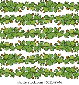 Hand drawn seamless pattern with prickly pear cactus. Endless ornament with colorful plants on white backdrop. Handdrawn stylish background for fabric, wrapping, packaging paper, wallpaper