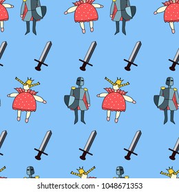 Hand drawn seamless pattern with princess, knight and sword.