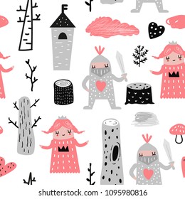 Hand Drawn Seamless Pattern with Princess and Knights. Creative Childish Background with Cute Hero Boys and Girls for Fabric, Textile, Wallpaper, Decoration, Prints. Vector illustration