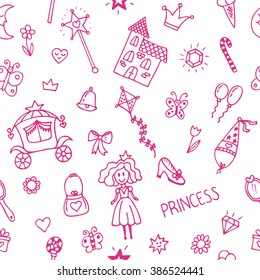 Hand drawn seamless pattern with princess girl doodle design elements. Sketchy fairy tale princess background. Vector illustration