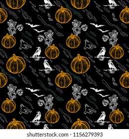 Hand drawn seamless pattern with pumpkin - vector illustration.