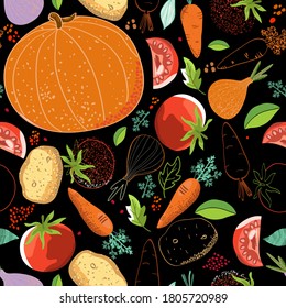 Hand drawn seamless pattern with pumpkins and leaves on the black background