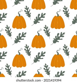 Hand drawn seamless pattern with pumpkins and leaves on the white background. Cute autumn vector texture.
