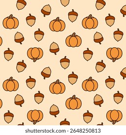 Padrão sem costura desenhado à mão de abóboras e bolotas com cores de queda quente. Perfeito para decoração de época de colheita, tecido e papel de embrulho. 