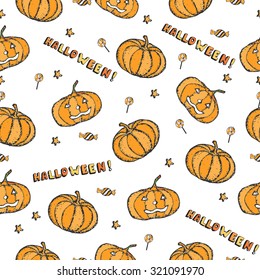Hand drawn seamless pattern with pumpkins for Hallloween. Funny pumpkins. Decorating for the holidays, autumn decor, children's drawing. Vector illustration. Background with stars, candies.