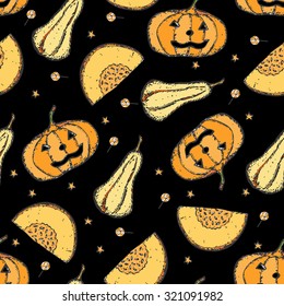 Hand drawn seamless pattern with pumpkins for Hallloween. Funny pumpkins. Decorating for the holidays, autumn decor, children's drawing, Vector illustration. Background with stars, candies.
