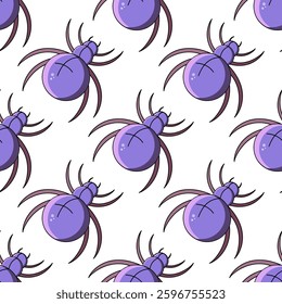 Hand drawn seamless pattern with purple spiders on white background


