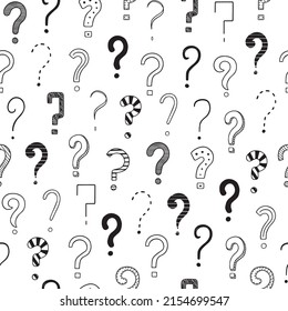 Hand drawn seamless pattern of question marks doodle. Different interrogation signs in sketch style.  Vector illustration.