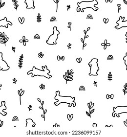 Hand drawn seamless pattern with rabbits silhouettes. Hare, bunny. Background with animals. Easter. Vector illustration