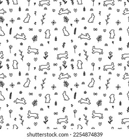 Hand drawn seamless pattern with rabbits silhouettes. Hare, cute bunny. Easter. Background with animals. Vector illustration