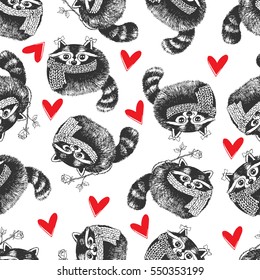 Hand drawn seamless pattern with raccoons and hearts. Valentine's day card. Vector sketch illustration, romantic background.