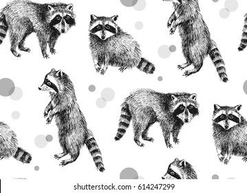 Hand drawn seamless pattern with raccoons on white background