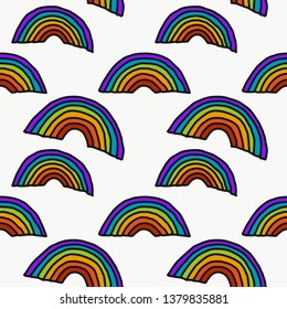 Hand drawn seamless pattern with rainbow. Stylish multicolor isolated minimal illustration on white background. Decorative texture. Positive vibes.