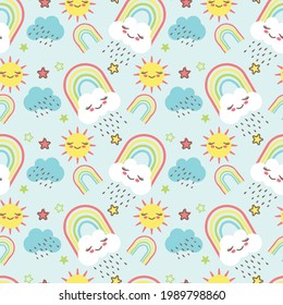 Hand drawn seamless pattern with rainbows and cloud Trendy baby texture isolated on white background