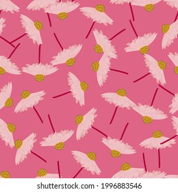 Hand drawn seamless pattern with random gebera flowers ornament. Bright pink background. Vector illustration for seasonal textile prints, fabric, banners, backdrops and wallpapers.