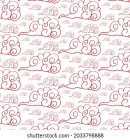 Hand drawn seamless pattern with red clouds isolated on white background. Vector illustration.