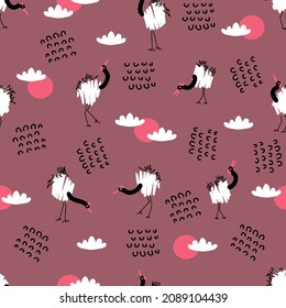 Hand drawn seamless pattern with red crowned cranes. Perfect for T-shirt, textile and print. Doodle vector illustration for decor and design.
