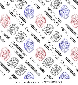 Hand drawn seamless pattern with red and blue sushi drawings