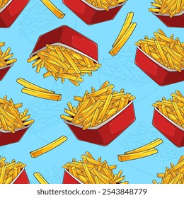 Hand drawn seamless pattern of Hand drawn red boxes full with yellow French fries on blue background