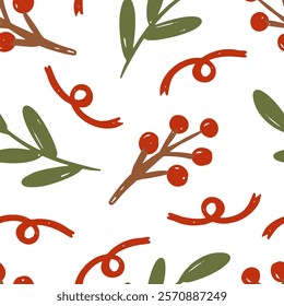 Hand drawn seamless pattern red berries, green leaves, and abstract shapes on a white background vector illustration